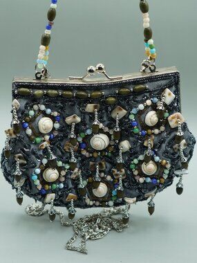 Vintage Beaded Shell Kiss-Lock Evening Bag Coastal Boho Statement Clutch